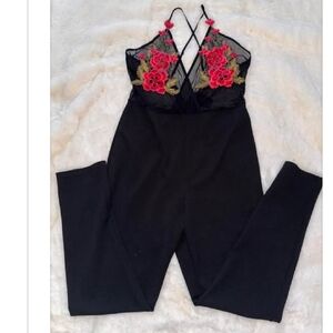 AKIRA Black Jumpsuit with Red Floral Embroidery